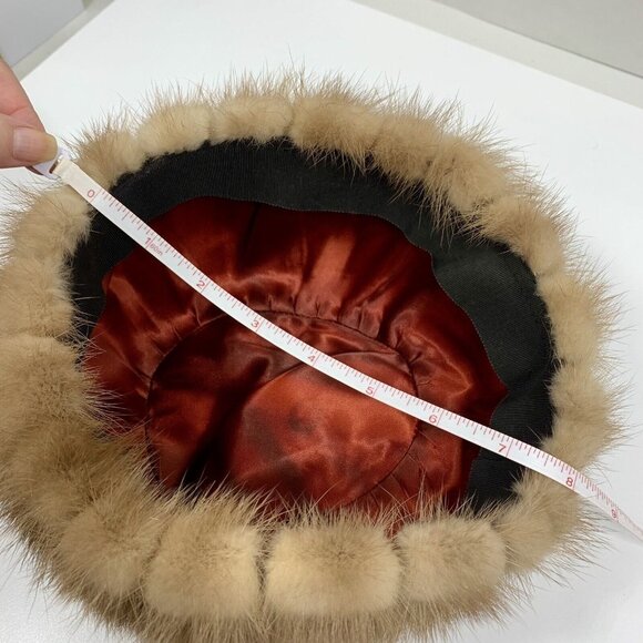 Womens Hat Vtg 1960s Light Brown Mink Fur Pillbox Mid Century Modern Luxury